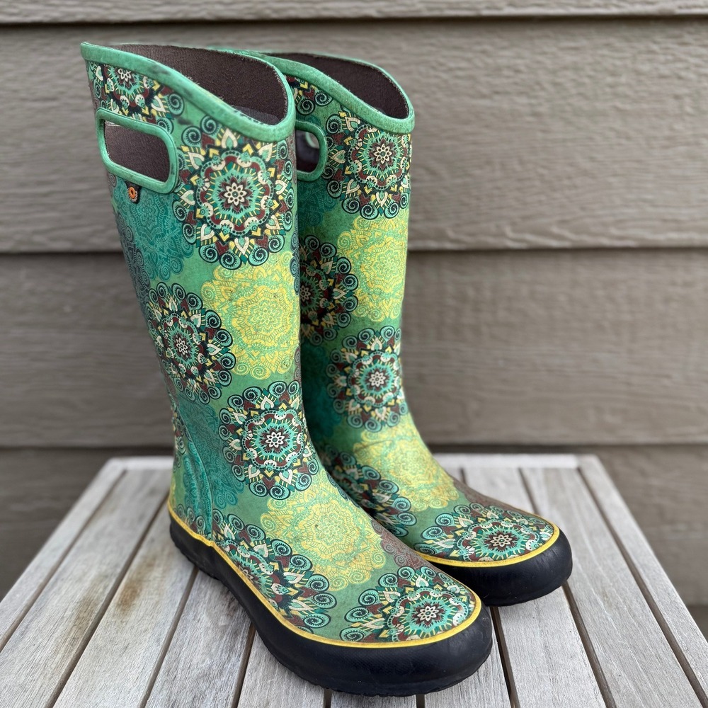 Bogs Classic High Waterproof Rain Boots Green Mandala Floral Womens 7